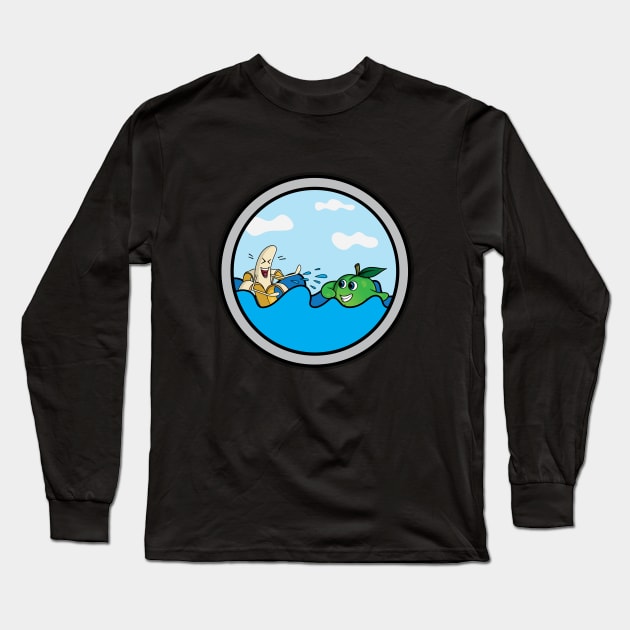 Laughing banana playing with a green plum in the ocean Long Sleeve T-Shirt by TTirex